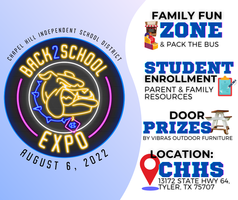 Back2School Expo: Join us from 3 p.m. until 6 p.m.  on Saturday, August 6, at the Chapel Hill High School . Parents and families will be provided with enrollment assistance, health resources, and door prizes. A family fun zone will include petting zoo, games, gaming bus and more. 
