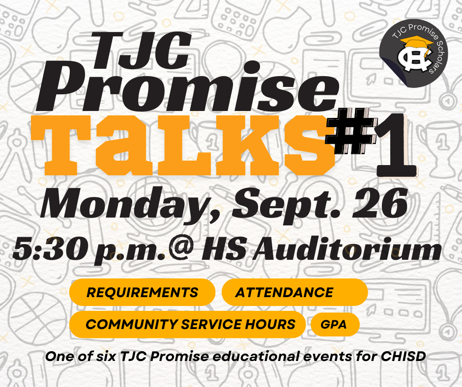 Have questions or concerns about your child's Tyler Junior College TJC Promise eligibility? Join us this Monday, Sept. 26, for our first TJC Promise Talks.  🔸Learn more here: chapelhillisd.org/o/chhs/page/tjc-promise