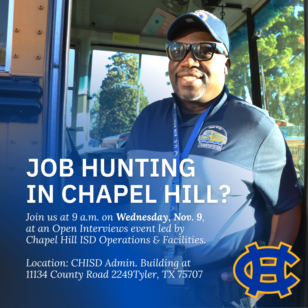 Job Hunting? Come to our Open Interviews event tomorrow, Nov. 8, at the CHISD Administration Building.   Our Operations and Facilities Directors will be conducting interviews on the spot from 9 a.m. until 11 a.m.   View current job openings: https://bit.ly/JoinOurCHISDTeam