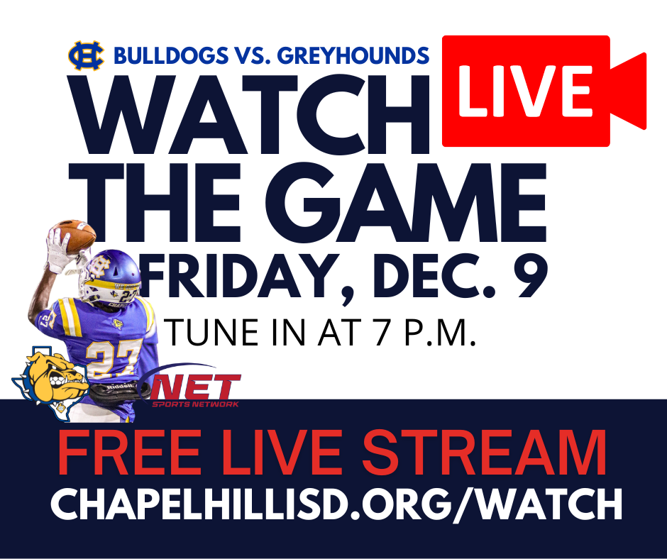 🎥Watch Friday's game via NETsn Live on our website and Facebook page for free. Click here to watch LIVE: https://www.chapelhillisd.org/watch  Game Information: https://www.chapelhillisd.org/events?id=15880151
