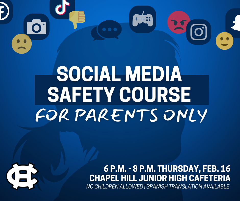 🔔 Reminder: We are hosting a Social Media Safety Course for parents at 6 p.m. in the Junior High Cafeteria. Children will not be allowed, and translation will be available for Spanish speakers.